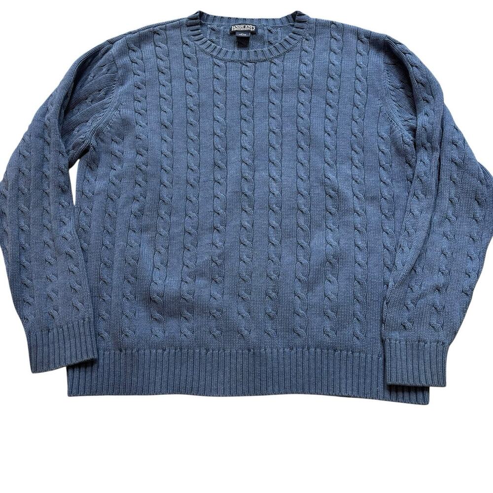 Vintage Land's End Cable Knit Cotton Cornflower Blue Crew Neck Sweater Men's XL